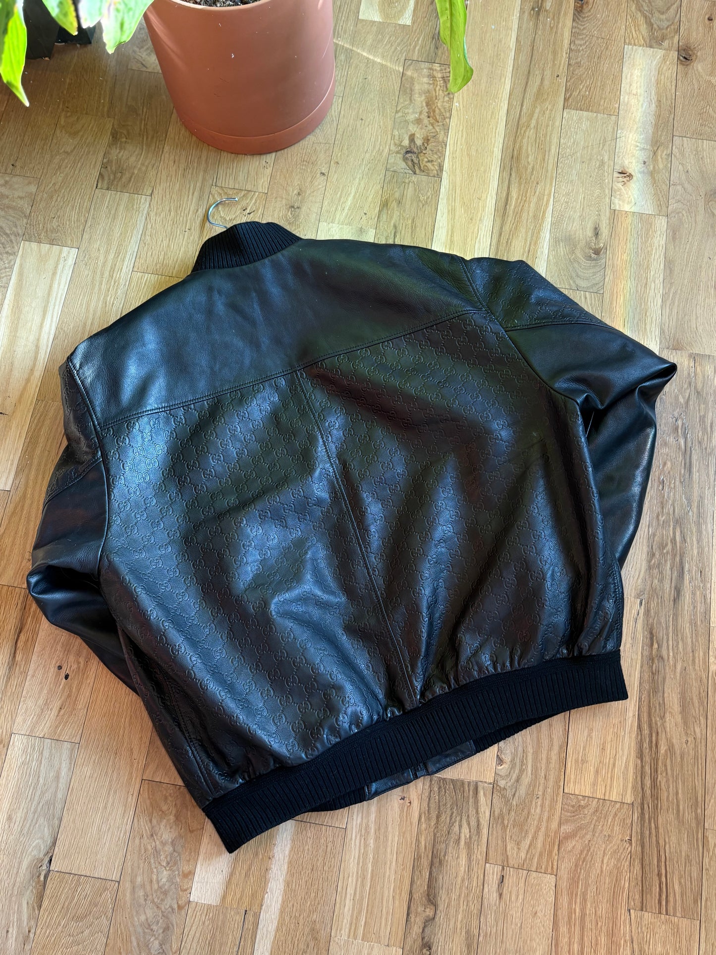 Gucci Leather Embossed Monogram Bomber Jacket Black Size 56