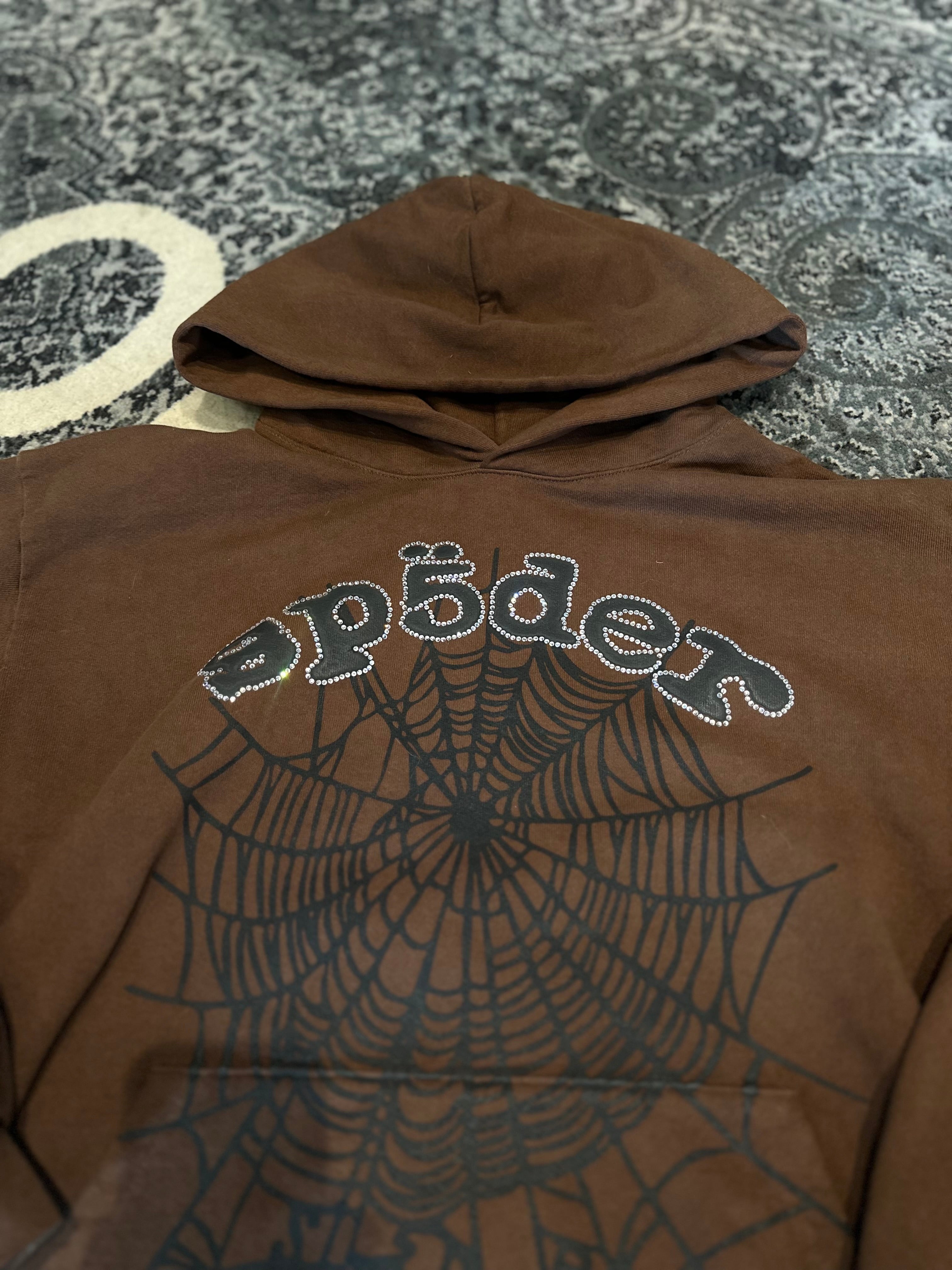 Sp5der Hoodie Brown Rhinestone Size Large – 614Sole LLC Sp5der Hoodie Brown Rhinestone Size Large – 614Sole LLC