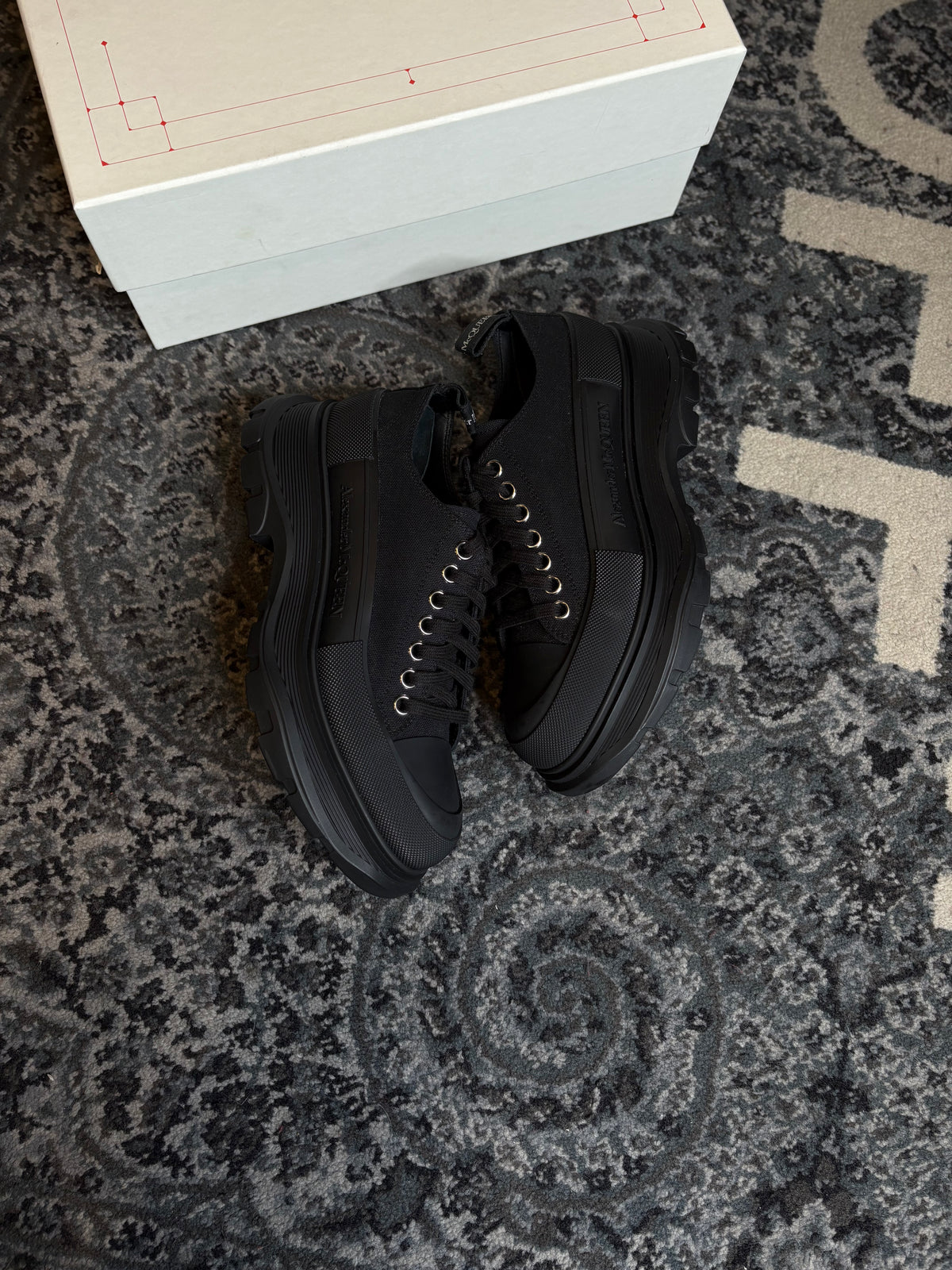 Alexander McQueen Tread Slick Low “Black Canvas and Leather” Clean Pg Size 7.5(40.5 EU)