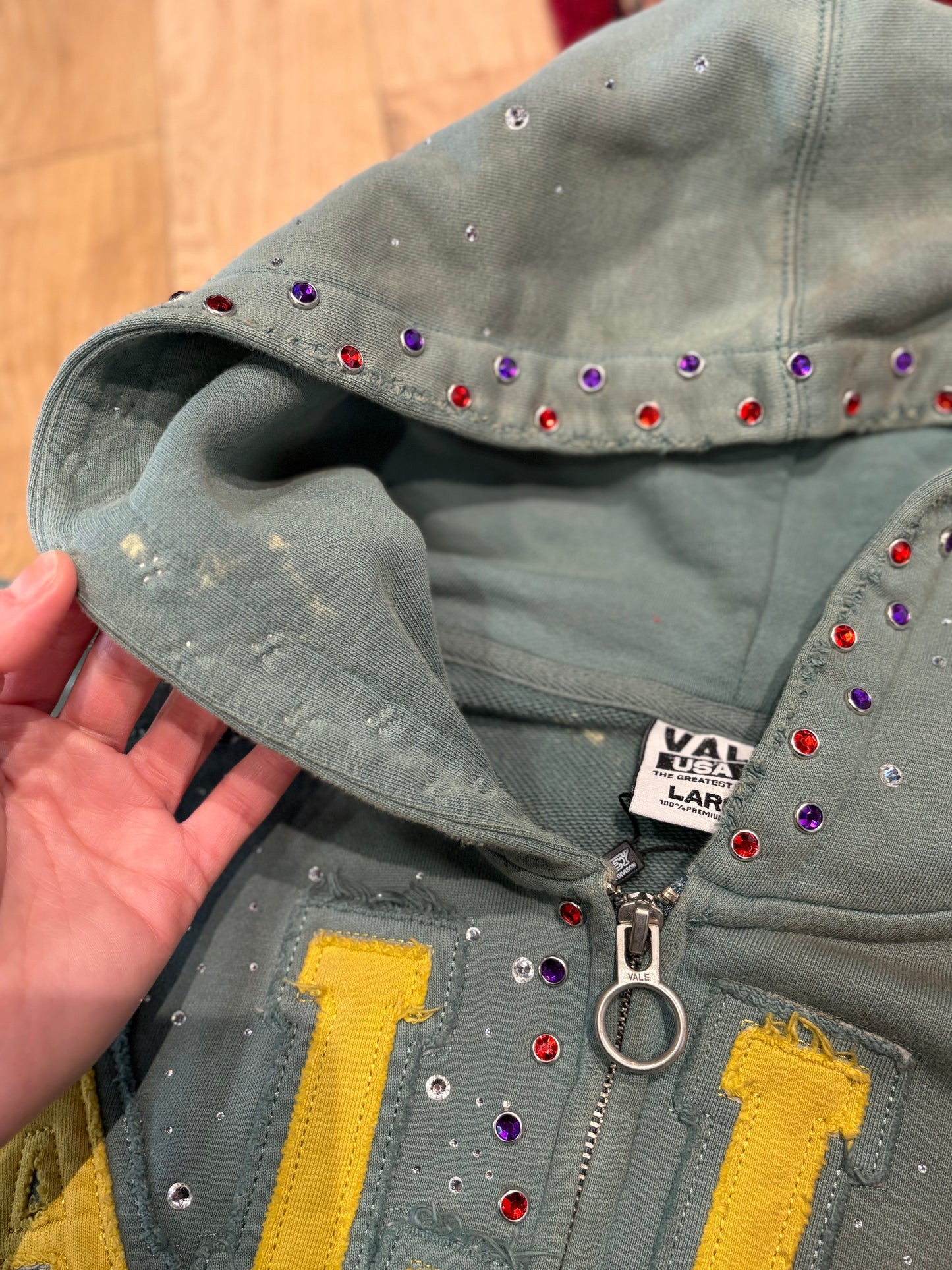 Vale Green Rhinestone Zip Hoodie Size Large