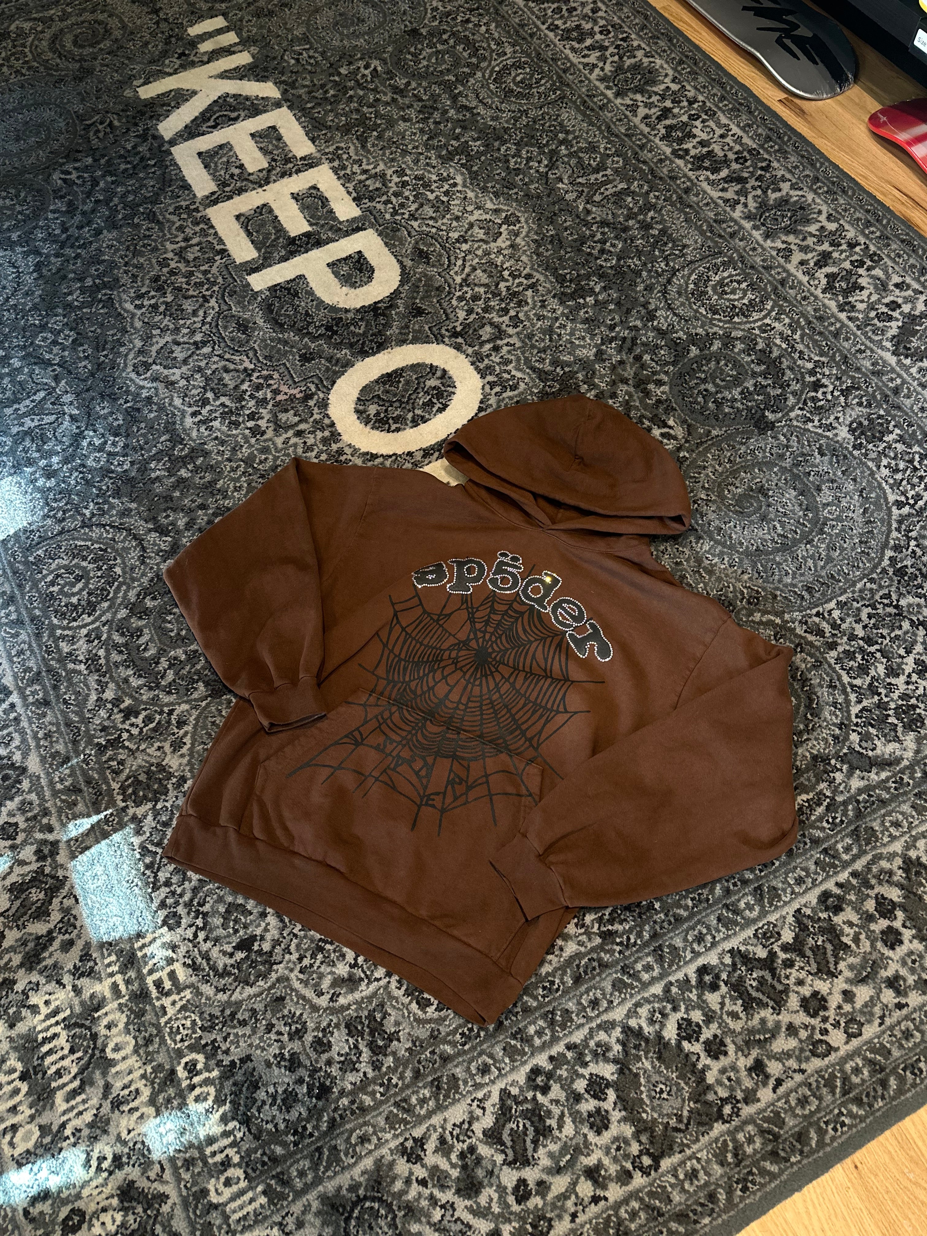 Sp5der Hoodie Brown Rhinestone Size Large – 614Sole LLC