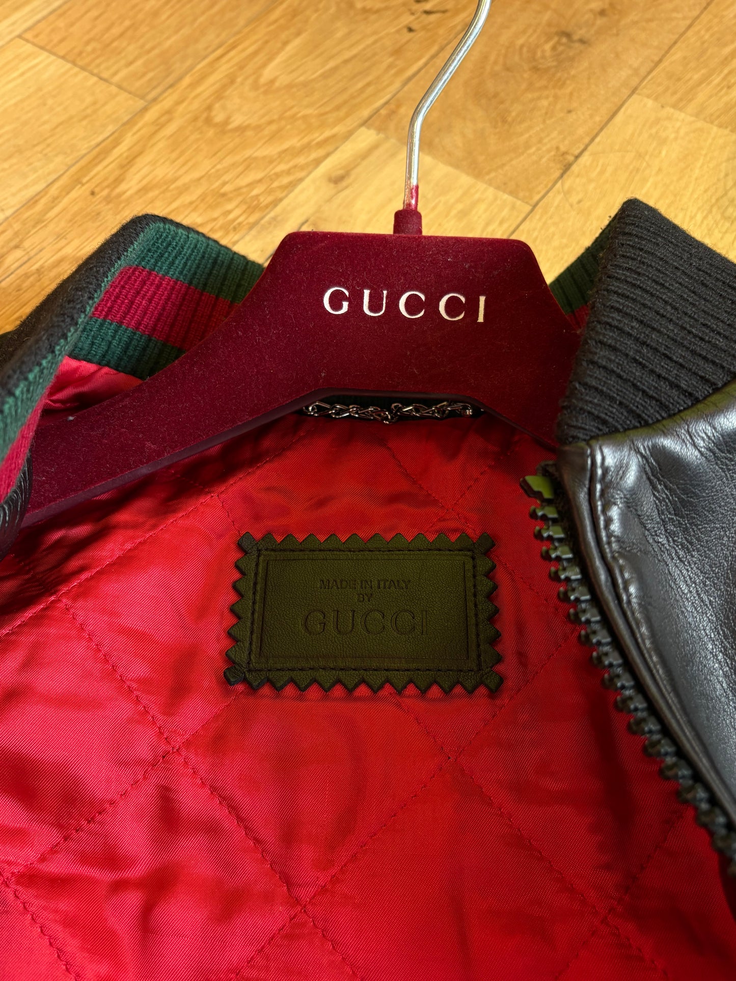 Gucci Leather Embossed Monogram Bomber Jacket Black Size 56