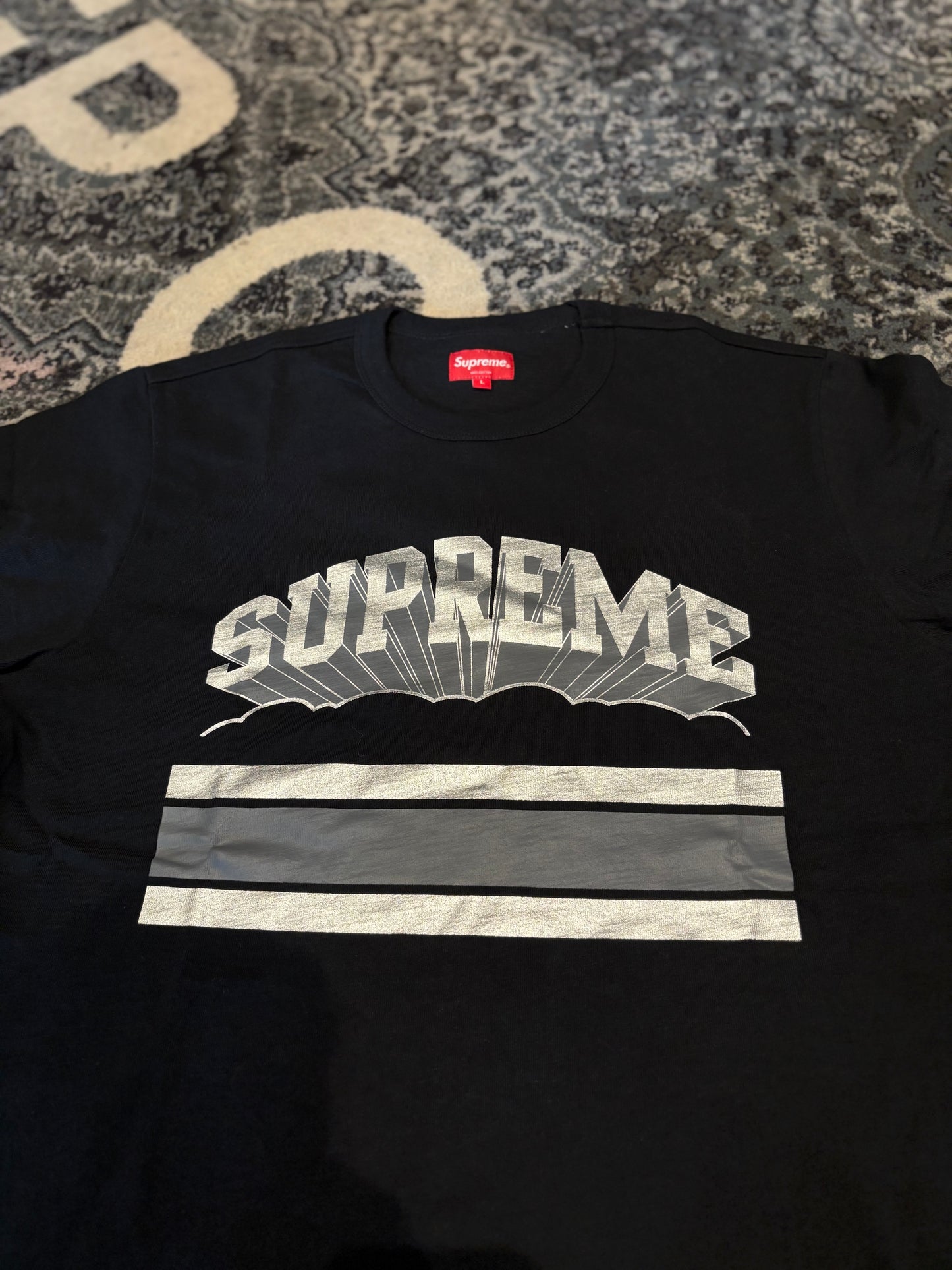 Supreme Black Metallic Logo Tee DS Size Large