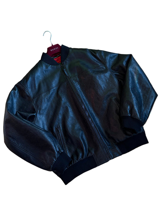 Gucci Leather Embossed Monogram Bomber Jacket Black Size 56