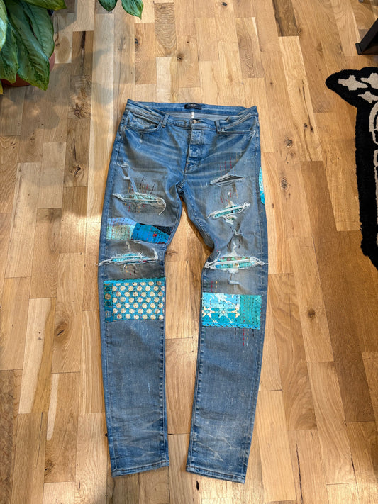 Amiri Jeans Light Wash Patchwork Size 38