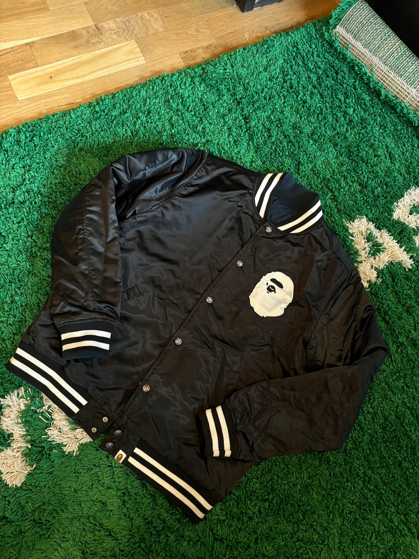 Bape Black Satin Varsity Jacket Size XL